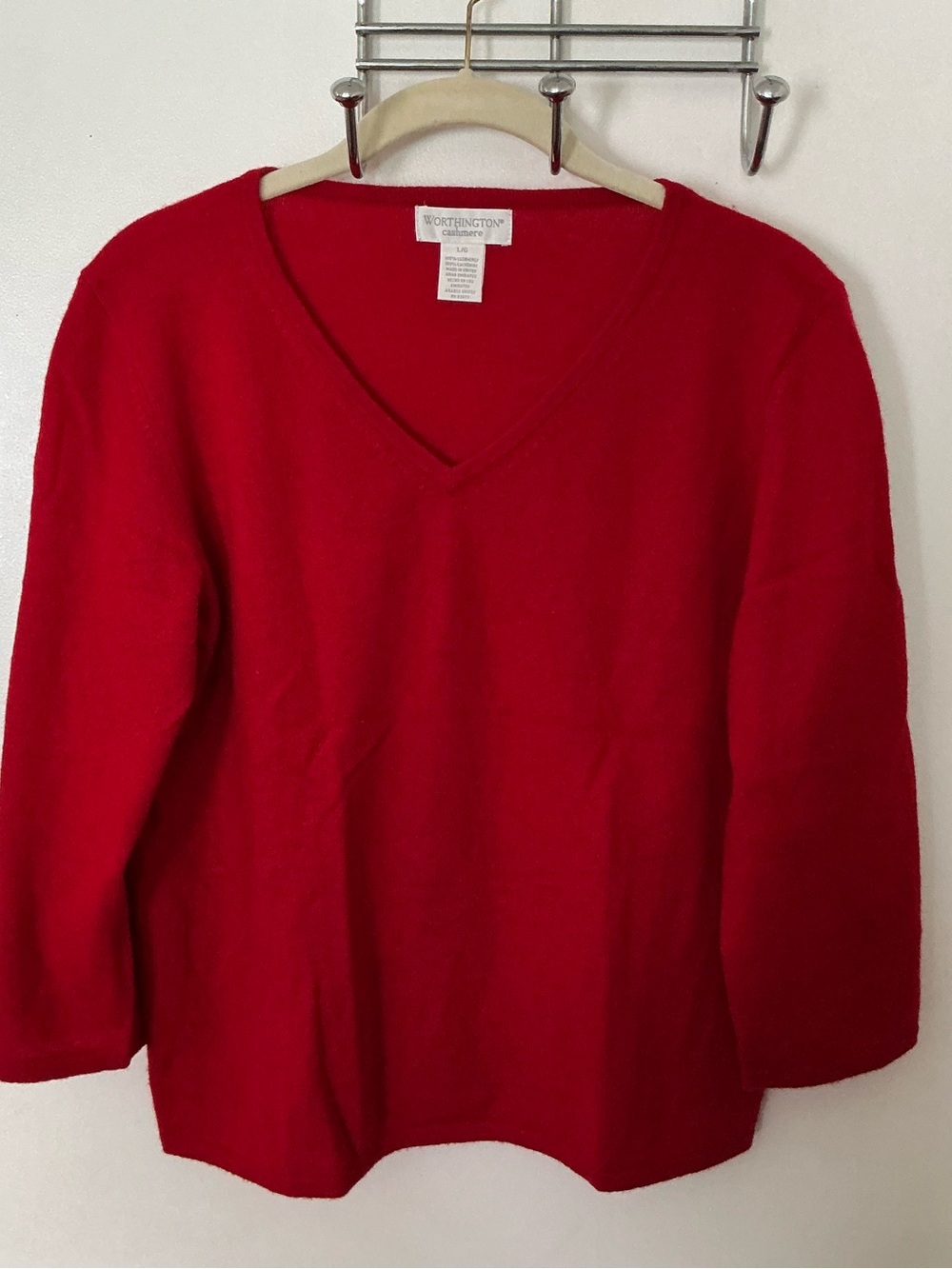 Worthington Red Cashmere V-Neck Sweater 3/4 Sleeves Large